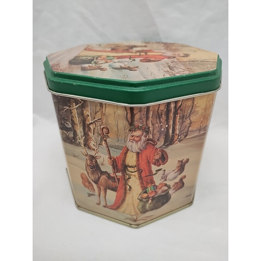 Vintage Santa Clause With Reindeer And Squirrels Tin 4.5" X 4.5" X 4"